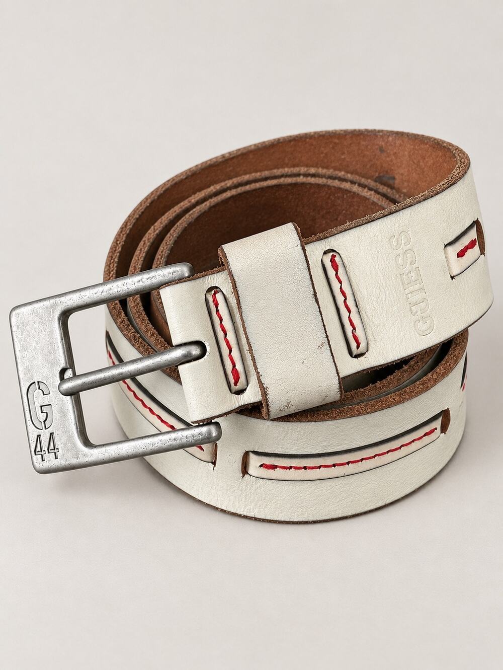Vintage GUESS Full Grain Leather Belt Cream Red Stitch Silver Buckle Size 36